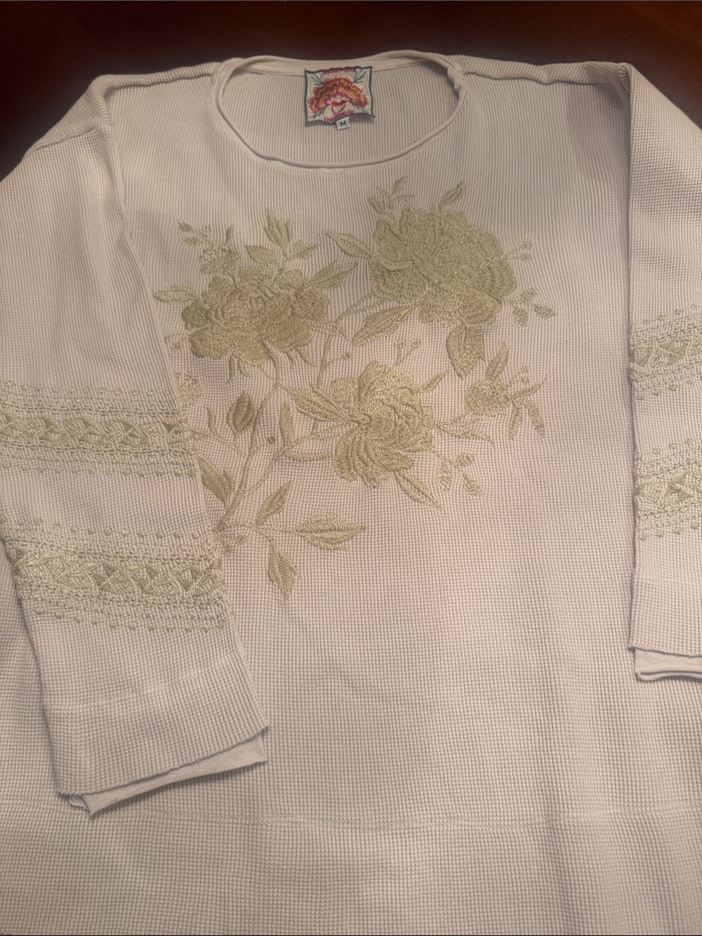 Johnny Was old rose color Waffle Knit Top with Pink and Gold Floral Patch